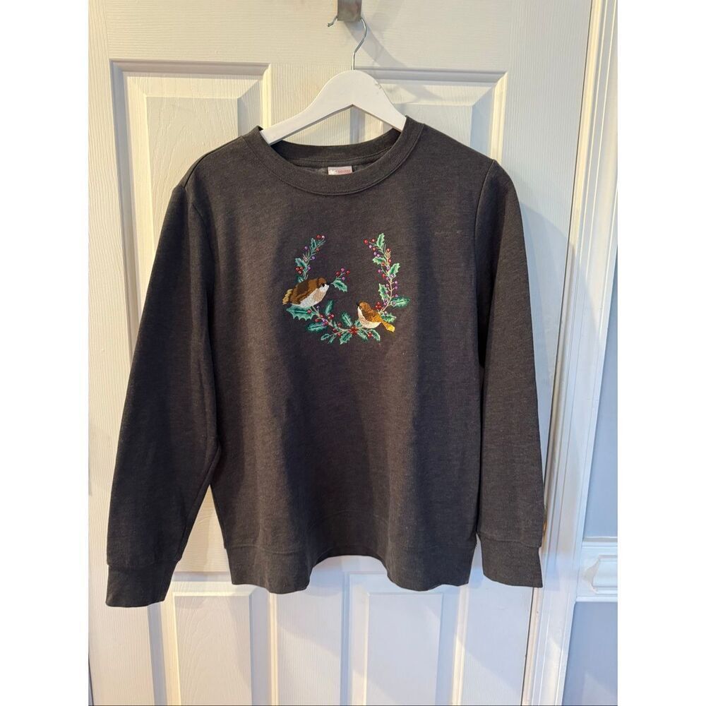 Holiday Editions Gray Chickadee Embroidered Holiday Christmas Sweatshirt sz L NW